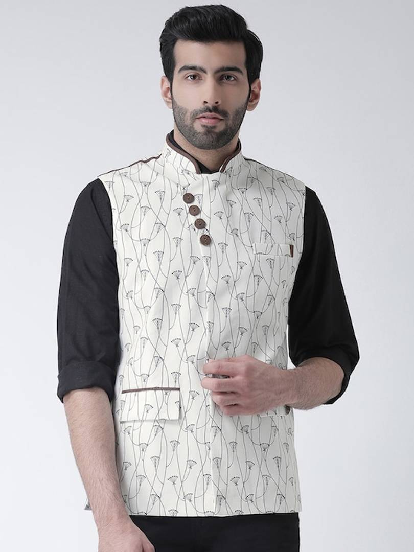 Men's Off White 
Cotton Blend
 Printed Nehru Jackets